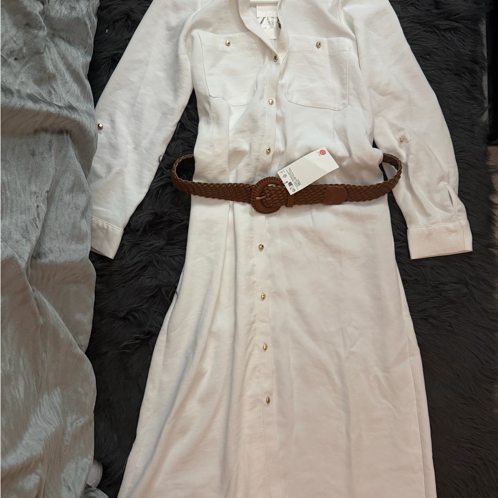 Zara White Long Sleeve Button-Front Shirt Dress with Brown Woven Belt - Picture 3 of 7